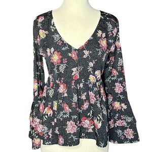 True Craft Black Floral Babydoll Blouse Tiered Bell Sleeves Crossover Back Small